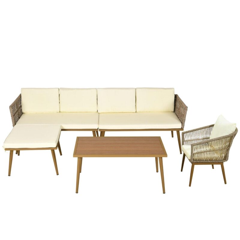 Uforic Patio Conversation Sets,Outdoor Furniture Sofa Set - PE Rattan Armchair Seating,L-Shaped Patio Sofa and Wicker Table and Cushions - Beige and Brown - Image 7