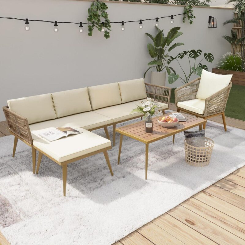 Uforic Patio Conversation Sets,Outdoor Furniture Sofa Set - PE Rattan Armchair Seating,L-Shaped Patio Sofa and Wicker Table and Cushions - Beige and Brown