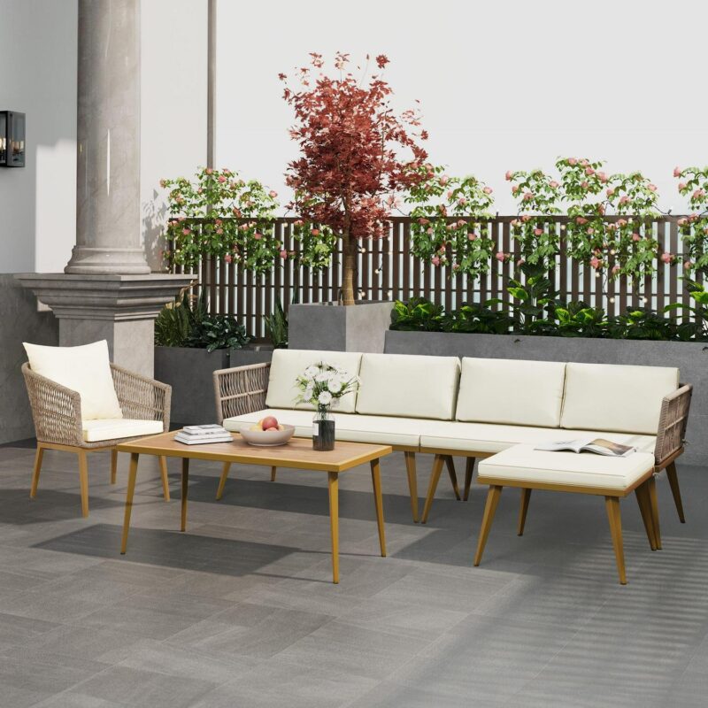 Uforic Patio Conversation Sets,Outdoor Furniture Sofa Set - PE Rattan Armchair Seating,L-Shaped Patio Sofa and Wicker Table and Cushions - Beige and Brown - Image 4