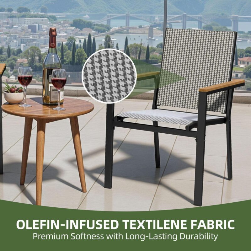 Uforic Stackable Chairs-2PCS Outdoor Dining Chair, Patio DiningChair, Textilene Mix Olefin Stacking Chair, Black and White - Image 6