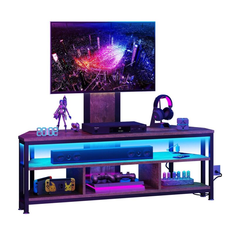 Uforic TV Stand Mount with Power Outlet, Swivel Entertainment Center with LED Lights for TVs up to 70 inches, Height Adjustable, Brown - Image 6
