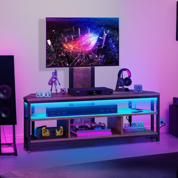 Uforic TV Stand Mount with Power Outlet, Swivel Entertainment Center with LED Lights for TVs up to 70 inches, Height Adjustable, Brown