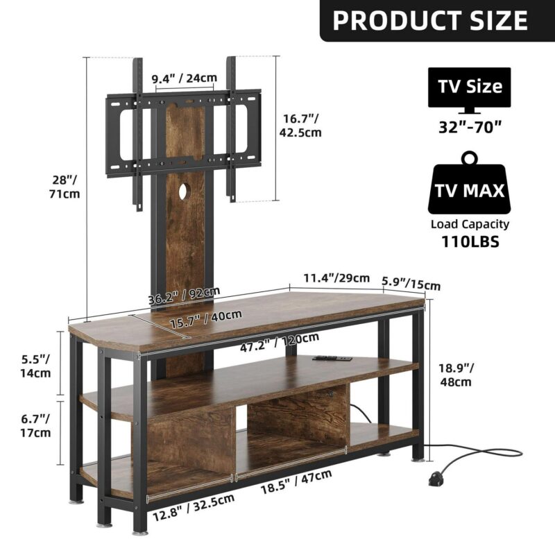 Uforic TV Stand Mount with Power Outlet, Swivel Entertainment Center with LED Lights for TVs up to 70 inches, Height Adjustable, Brown - Image 5