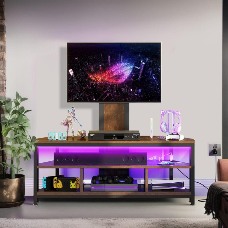 Uforic TV Stand Mount with Power Outlet, Swivel Entertainment Center with LED Lights for TVs up to 70 inches, Height Adjustable, Brown - Image 4