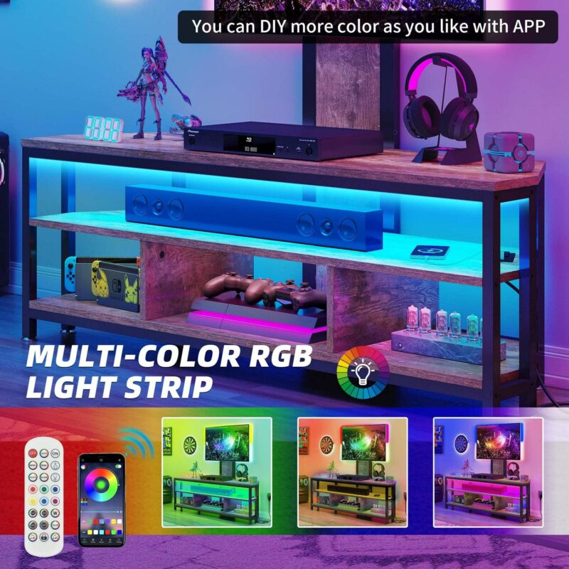 Uforic TV Stand Mount with Power Outlet, Swivel Entertainment Center with LED Lights for TVs up to 70 inches, Height Adjustable, Brown - Image 2