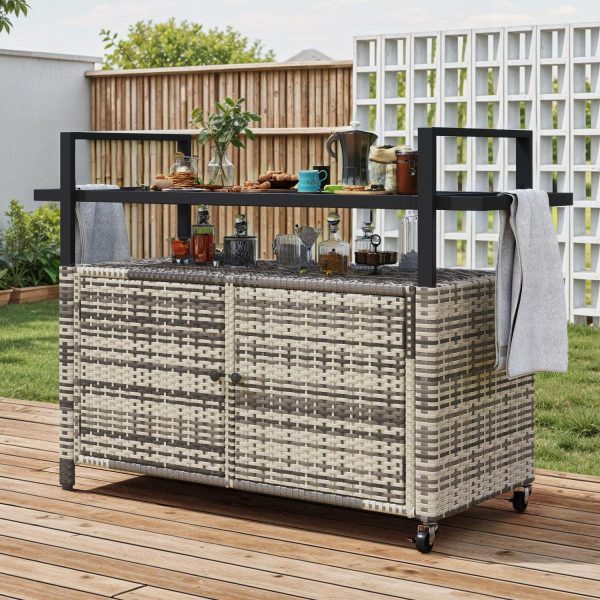 Uforic XL Outdoor Storage Cabinet, Outdoor Grill Cart with Wheels and Black Glass Table Top, for Patio Kitchen, Gray