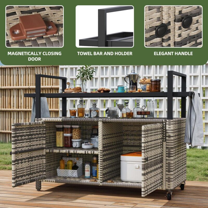 Uforic XL Outdoor Storage Cabinet, Outdoor Grill Cart with Wheels and Black Glass Table Top, for Patio Kitchen, Gray - Image 4