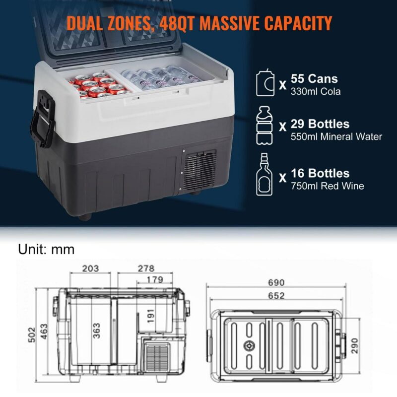 VEVOR 12 Volt Refrigerator, 48QT, Dual Zone Car Fridge Freezer with App Control and Wheels, 12/24V DC and 100-240V AC Electric Compressor Cooler for Car Truck Vehicle RV Boat Outdoor and Home Use - Image 6