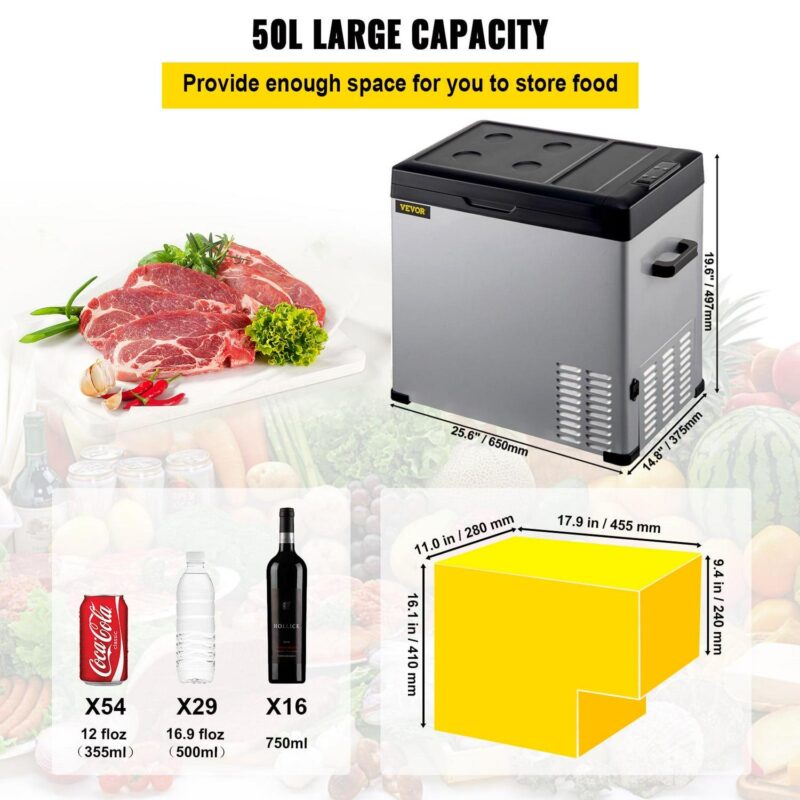 VEVOR Portable Car Refrigerator 53 Qt, 12V Portable Freezer with Single Zone, 12/24V DC and 110-240V AC Electric Cooler with -4a -68a Cooling Range, for Car Truck Vehicle RV Boat Outdoor and Home use - Image 3