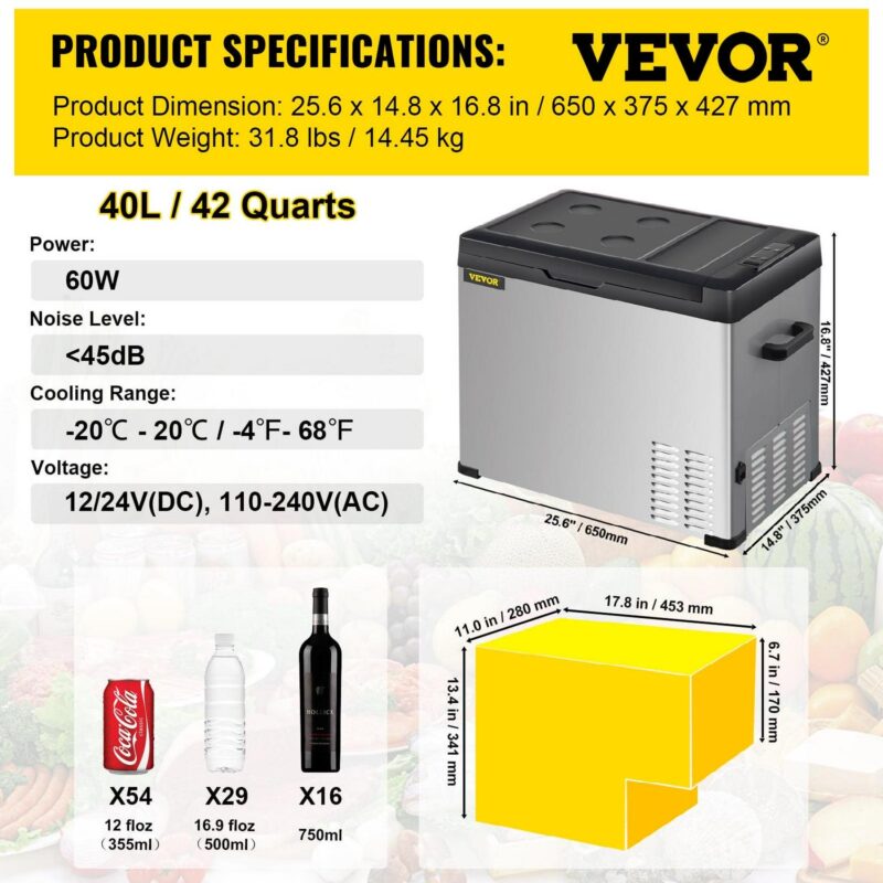 VEVOR Portable Car Refrigerator 42 Qt, 12V Portable Freezer with Single Zone, 12/24V DC and 110-240V AC Electric Cooler with -4a -68a Cooling Range, for Car Truck Vehicle RV Boat Outdoor and Home use - Image 7
