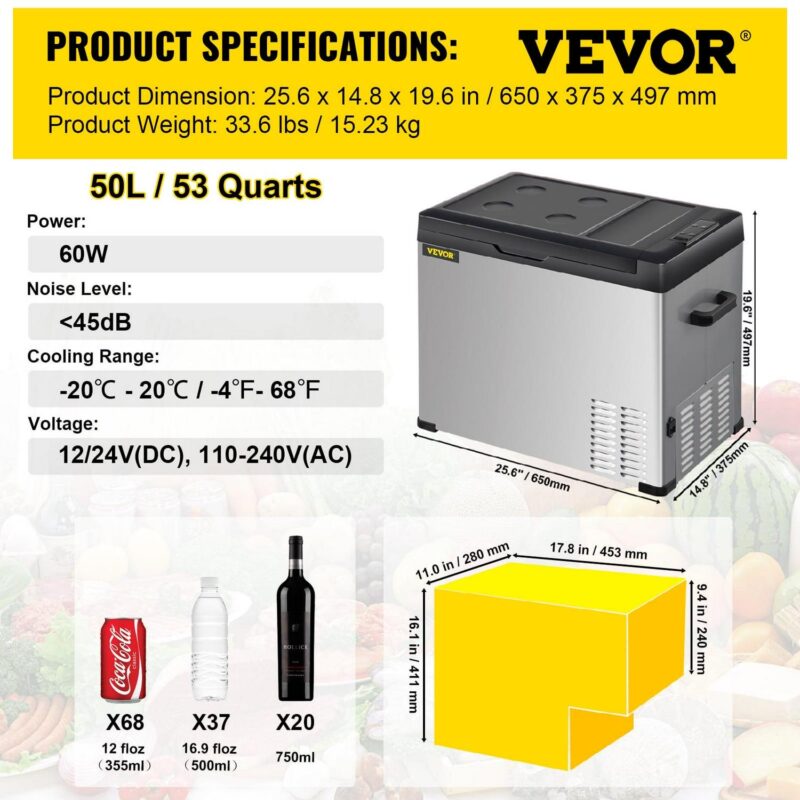 VEVOR Portable Car Refrigerator 53 Qt, 12V Portable Freezer with Single Zone, 12/24V DC and 110-240V AC Electric Cooler with -4a -68a Cooling Range, for Car Truck Vehicle RV Boat Outdoor and Home use - Image 7