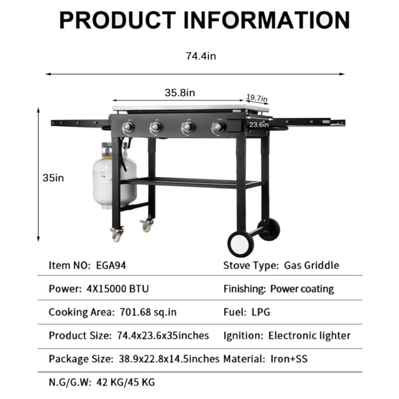 Vebreda 60000BTU 4 Burner Foldable Outdoor Propane Gas Grill , Black - Image 8