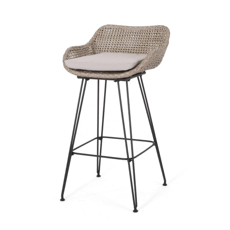 Verano Wicker and Metal Outdoor Barstools with Cushion, Set of 4, Mixed Brown and Beige - Image 2