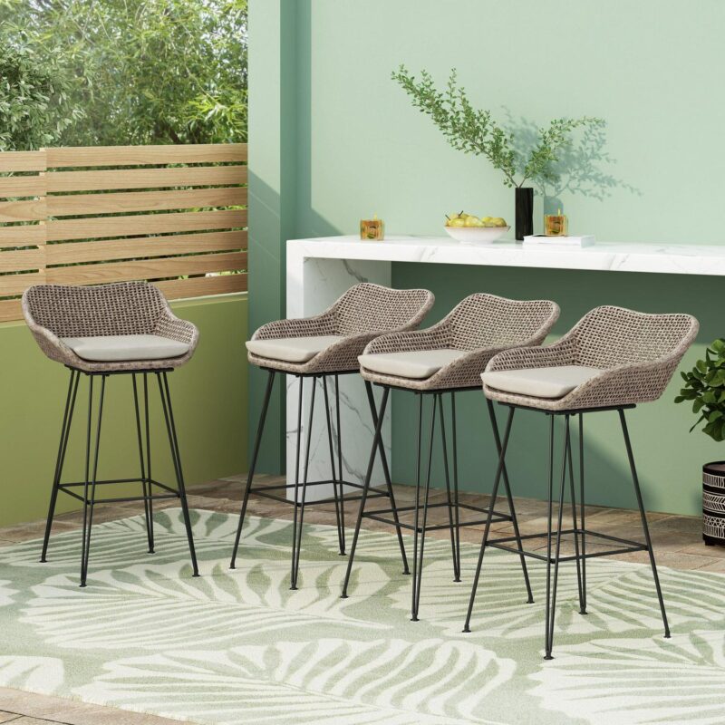 Verano Wicker and Metal Outdoor Barstools with Cushion, Set of 4, Mixed Brown and Beige - Image 6