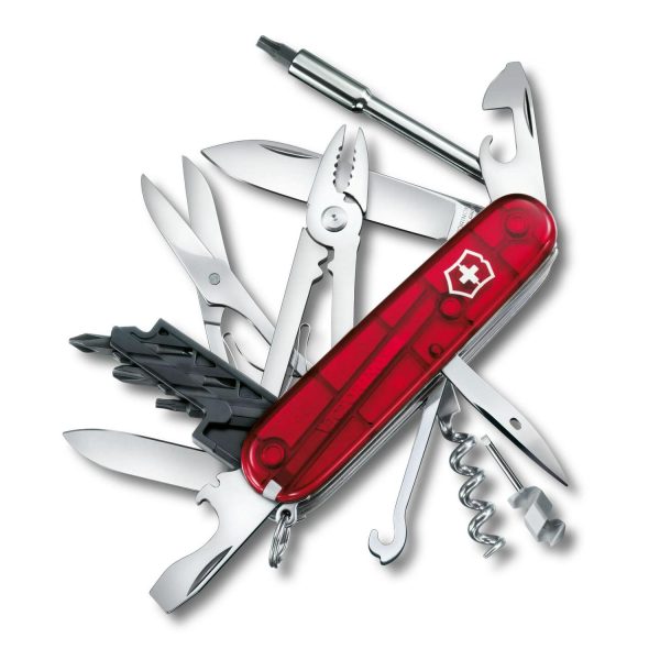 Victorinox Cyber Tool M Swiss Army Knife 32 Function Swiss Made Pocket Knife With Large Blade, Multiple Bits (Hex, Torx, Philips) and Scissors - Red Transparent