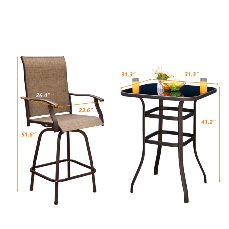 Vineego 3PCS Textilene Swivel Bar Sets, High Bistro Sets,2 Bar Stools and Bar Table - Image 7