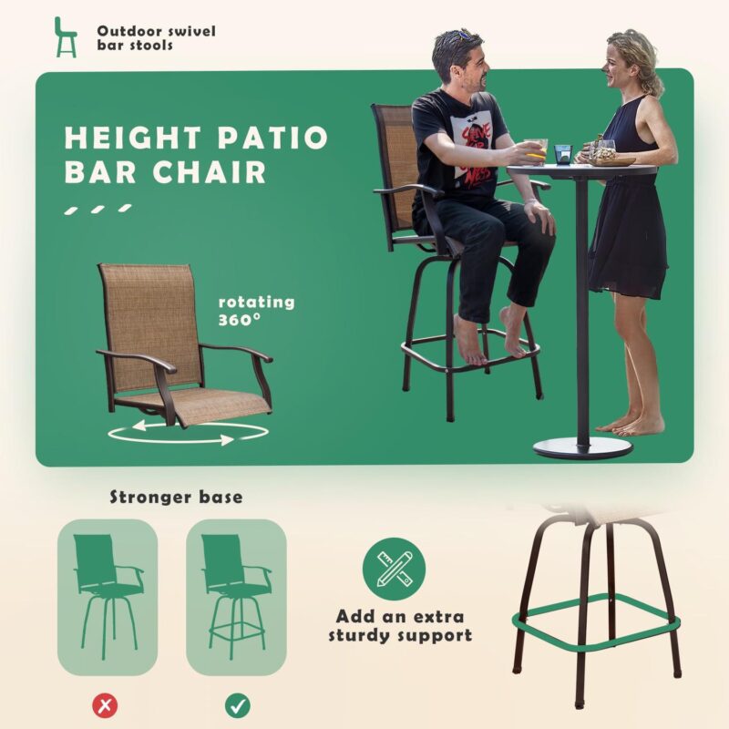 Vineego 3PCS Textilene Swivel Bar Sets, High Bistro Sets,2 Bar Stools and Bar Table - Image 4