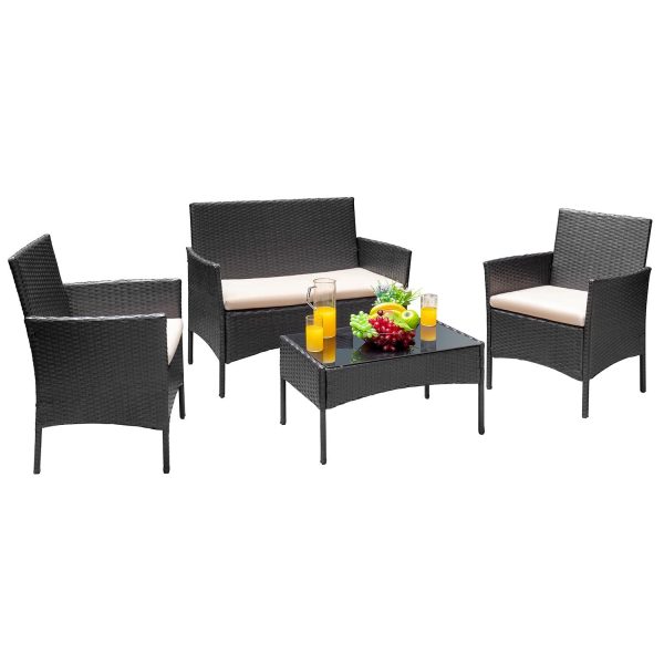 Vineego 4 Pcs Outdoor Patio Furniture Black PE Rattan Wicker Table and Chairs Set, Beige, 4 Seating