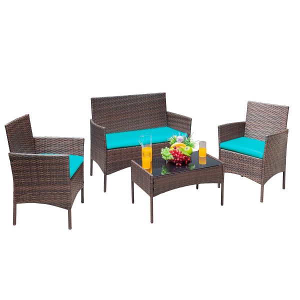 Vineego 4 Pieces Outdoor Patio Furniture Sets Conversation Sets Rattan Chair Wicker Sets with Cushioned Tempered Glass, Blue