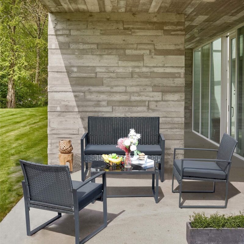 Vineego 4 Pieces Patio Conversation Sets PE Rattan Chairs with Loveseat and Table,Gray - Image 5