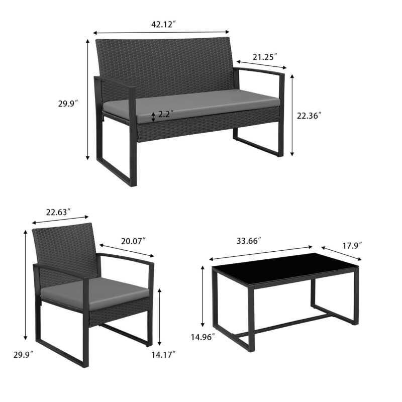 Vineego 4 Pieces Patio Conversation Sets PE Rattan Chairs with Loveseat and Table,Gray - Image 6