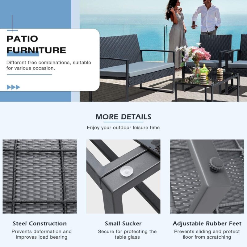 Vineego 4 Pieces Patio Conversation Sets PE Rattan Chairs with Loveseat and Table,Gray - Image 4