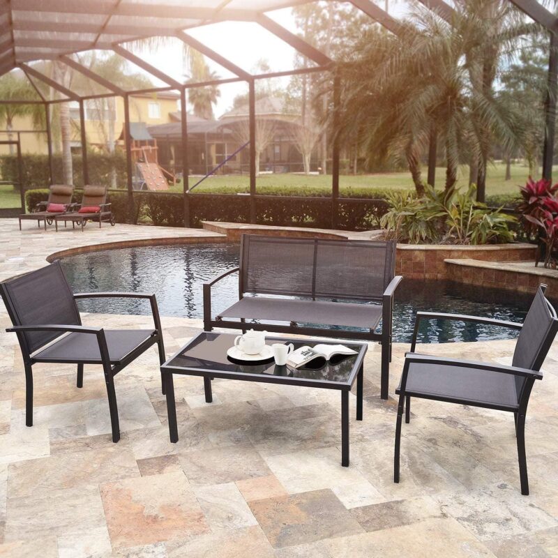 Vineego 4 Pieces Patio Furniture Outdoor furniture Outdoor Patio Furniture Set Textilene Bistro Set Modern Conversation Set Black Bistro Set with Loveseat Tea Table for Home, Lawn and Balcony (Black) - Image 3