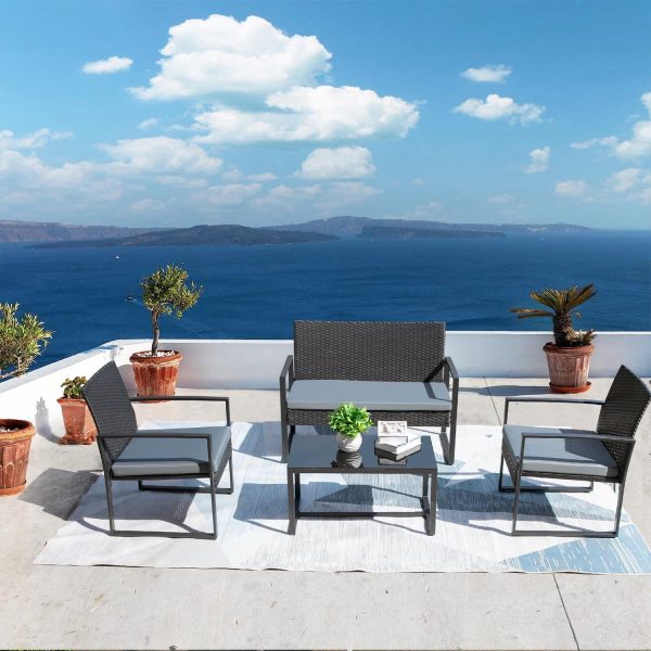 Vineego 4 Pieces Patio Conversation Sets PE Rattan Chairs with Loveseat and Table,Gray