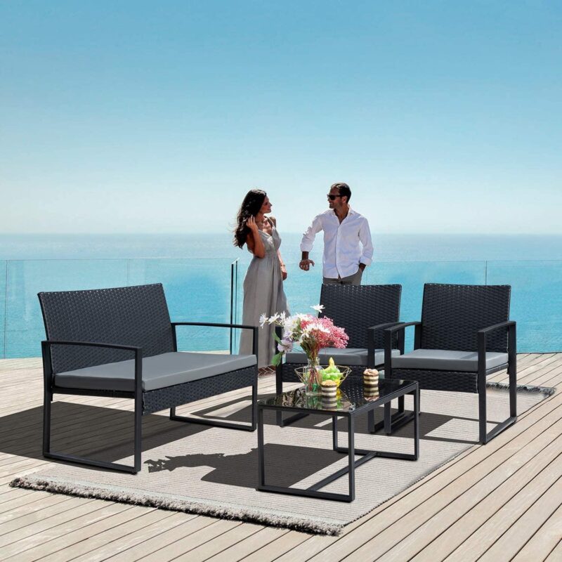 Vineego 4 Pieces Patio Conversation Sets PE Rattan Chairs with Loveseat and Table,Gray - Image 8