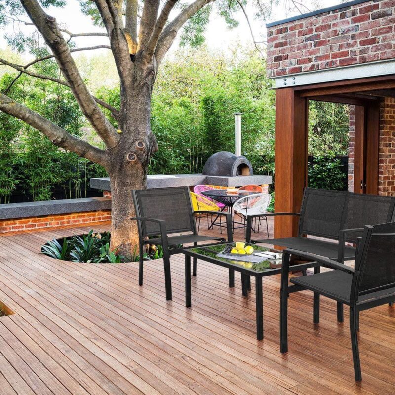 Vineego 4 Pieces Patio Furniture Outdoor furniture Outdoor Patio Furniture Set Textilene Bistro Set Modern Conversation Set Black Bistro Set with Loveseat Tea Table for Home, Lawn and Balcony (Black) - Image 4