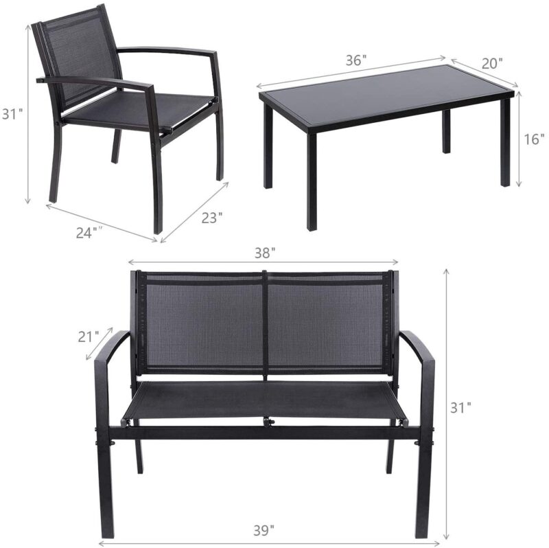 Vineego 4 Pieces Patio Furniture Outdoor furniture Outdoor Patio Furniture Set Textilene Bistro Set Modern Conversation Set Black Bistro Set with Loveseat Tea Table for Home, Lawn and Balcony (Black) - Image 9