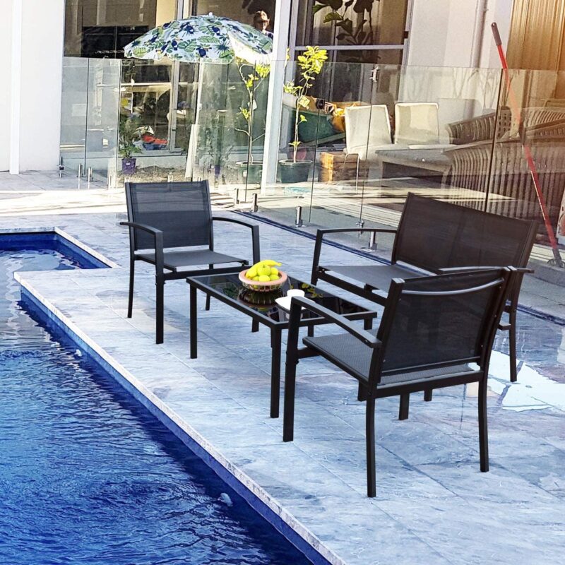 Vineego 4 Pieces Patio Furniture Outdoor furniture Outdoor Patio Furniture Set Textilene Bistro Set Modern Conversation Set Black Bistro Set with Loveseat Tea Table for Home, Lawn and Balcony (Black) - Image 5