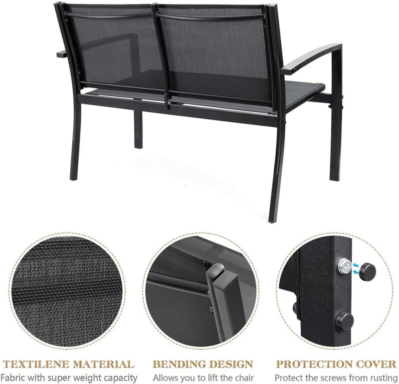 Vineego 4 Pieces Patio Furniture Outdoor furniture Outdoor Patio Furniture Set Textilene Bistro Set Modern Conversation Set Black Bistro Set with Loveseat Tea Table for Home, Lawn and Balcony (Black) - Image 6