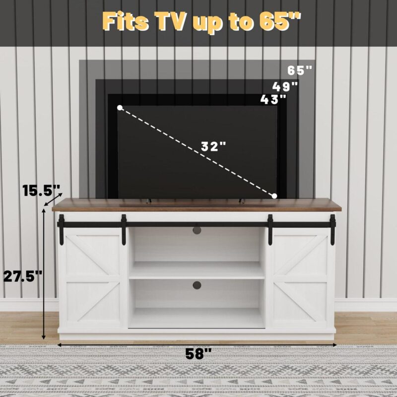 Vineego 58 inch Farmhouse TV Stand and Entertainment Center for Televisions,with Sliding Barn Doors and Storage Cabinets,Milk White - Image 7