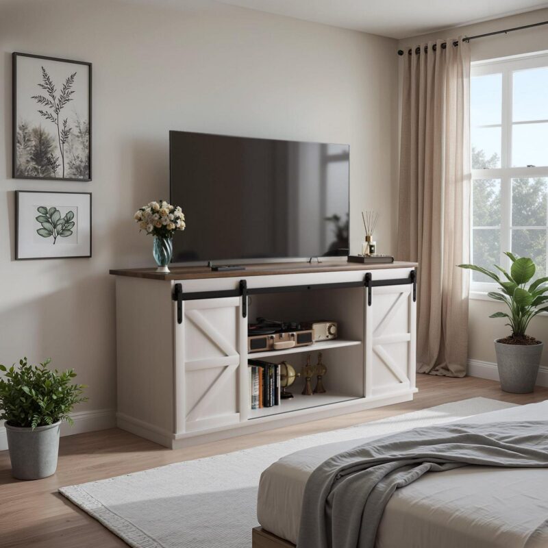 Vineego 58 inch Farmhouse TV Stand and Entertainment Center for Televisions,with Sliding Barn Doors and Storage Cabinets,Milk White - Image 3