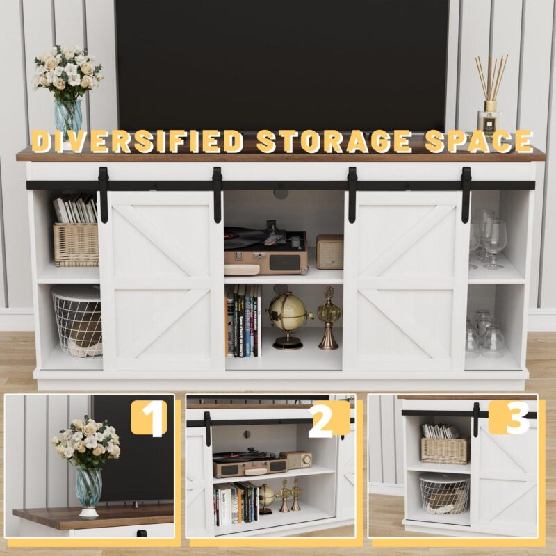 Vineego 58 inch Farmhouse TV Stand and Entertainment Center for Televisions,with Sliding Barn Doors and Storage Cabinets,Milk White - Image 6