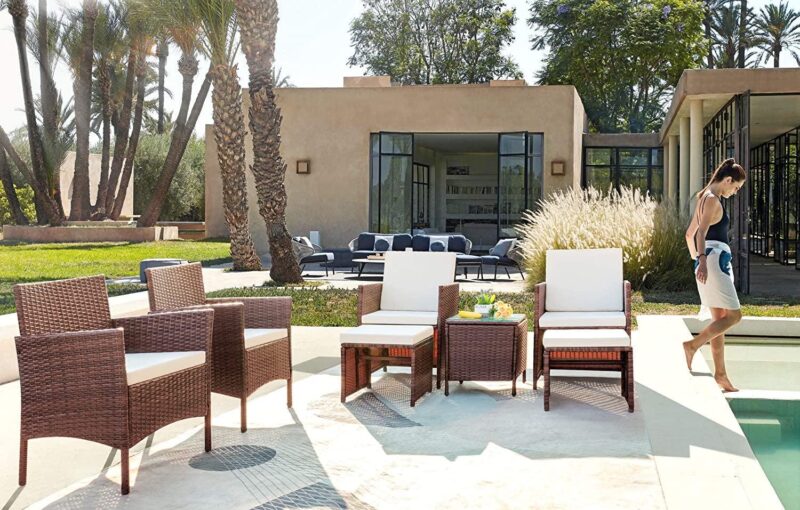 Vineego 7 Pieces Wicker Outdoor Patio Bar Set with Ottoman, Mix Brown/Beige - Image 3