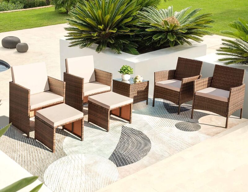 Vineego 7 Pieces Wicker Outdoor Patio Bar Set with Ottoman, Mix Brown/Beige - Image 2