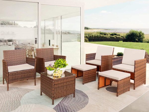 Vineego 7 Pieces Wicker Outdoor Patio Bar Set with Ottoman, Mix Brown/Beige
