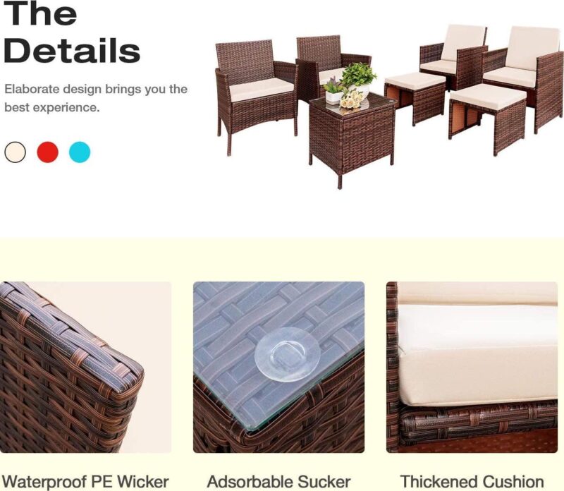 Vineego 7 Pieces Wicker Outdoor Patio Bar Set with Ottoman, Mix Brown/Beige - Image 4