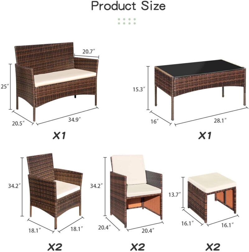 Vineego 8 Pieces Patio Furniture Set Outdoor All Weather Cushioned Wicker Chairs with Ottoman and Glass Table(Beige) - Image 8