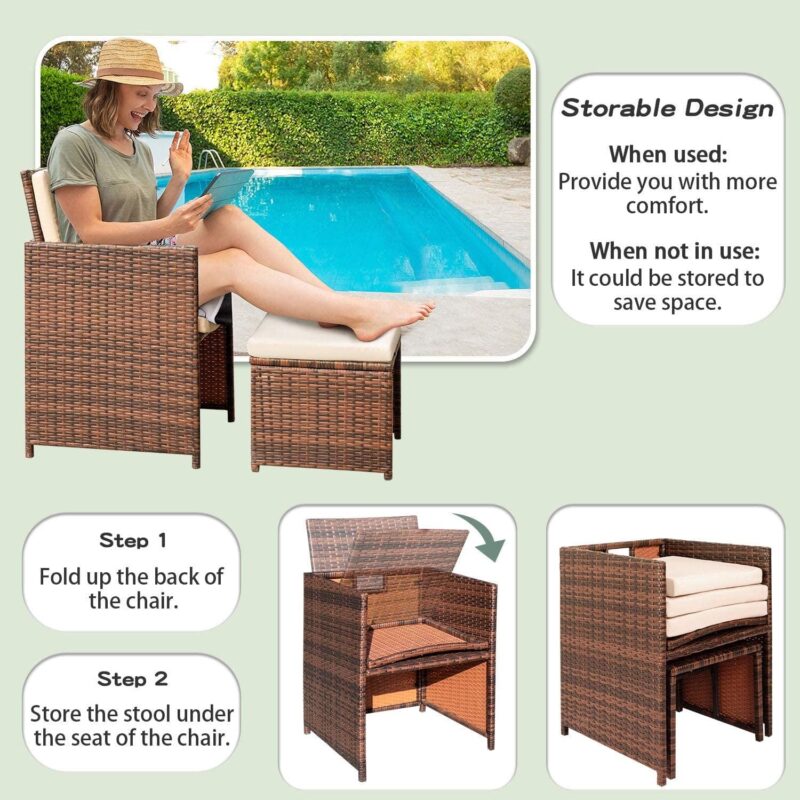 Vineego 8 Pieces Patio Furniture Set Outdoor All Weather Cushioned Wicker Chairs with Ottoman and Glass Table(Beige) - Image 5