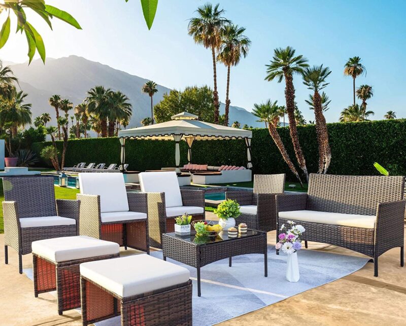 Vineego 8 Pieces Patio Furniture Set Outdoor All Weather Cushioned Wicker Chairs with Ottoman and Glass Table(Beige) - Image 2