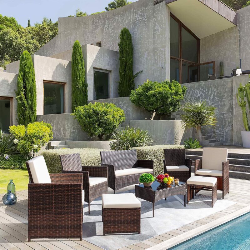 Vineego 8 Pieces Patio Furniture Set Outdoor All Weather Cushioned Wicker Chairs with Ottoman and Glass Table(Beige) - Image 3