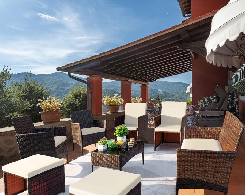 Vineego 8 Pieces Patio Furniture Set Outdoor All Weather Cushioned Wicker Chairs with Ottoman and Glass Table(Beige)