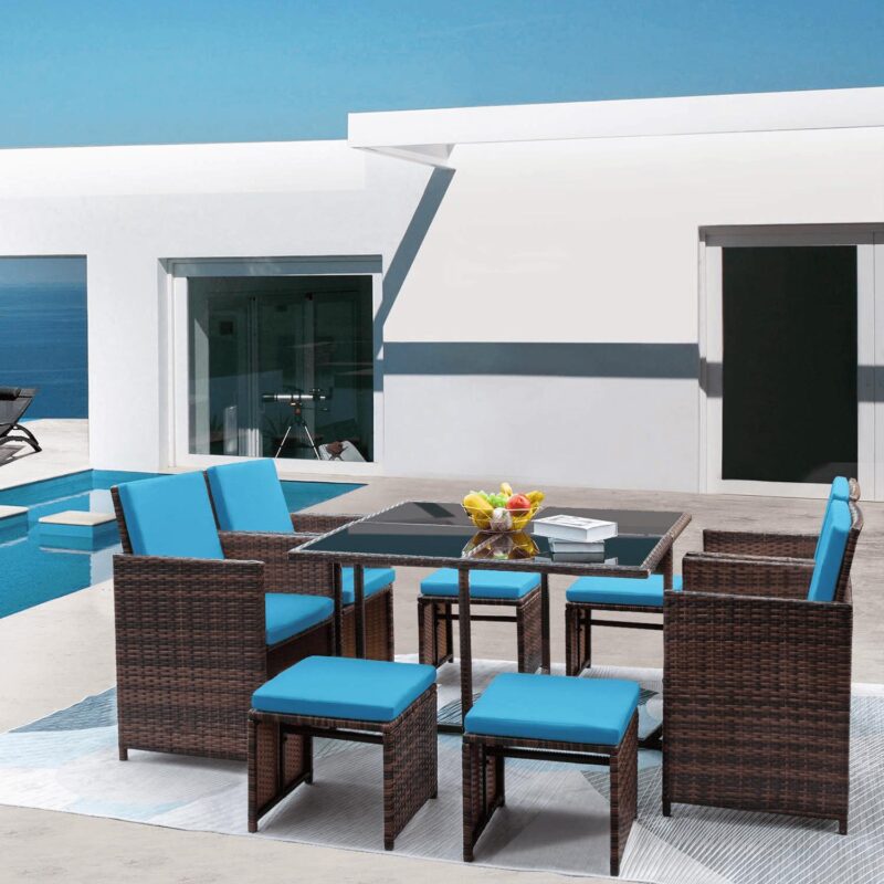 Vineego 9-Pieces Traditional Steel Durable Dining Furniture Sets Blue - Image 4