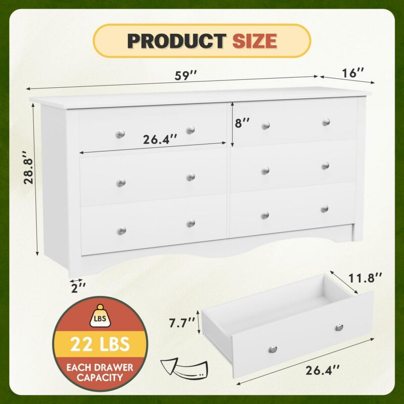 Vineego Double Dresser for Bedroom,6-Drawer Wide Chest of Drawers,Traditional Bedroom Dresser,White - Image 7