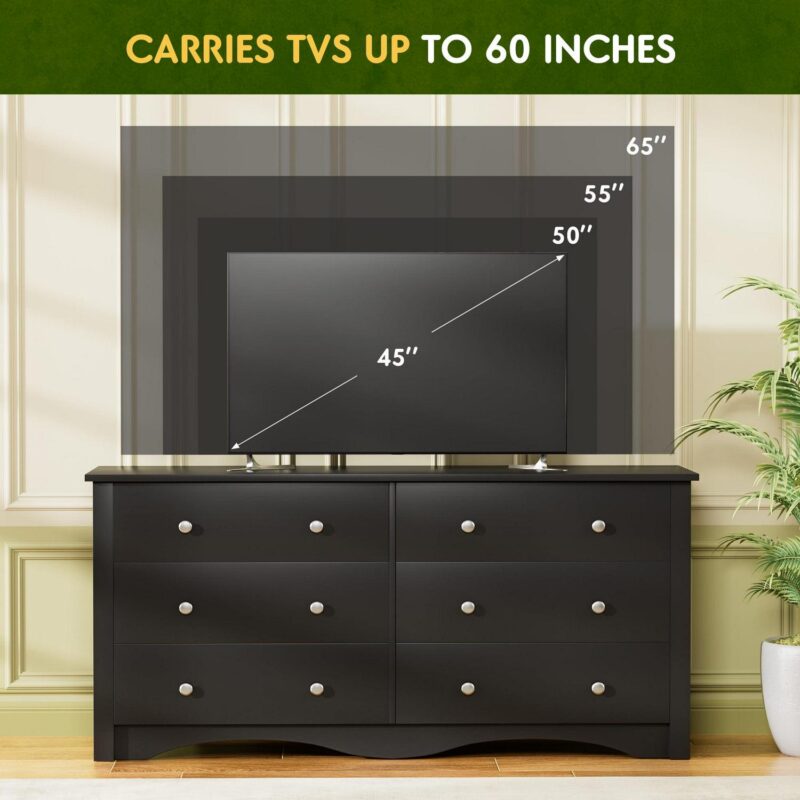 Vineego Double Dresser for Bedroom,6-Drawer Wide Chest of Drawers,Traditional Bedroom Dresser,Black - Image 4