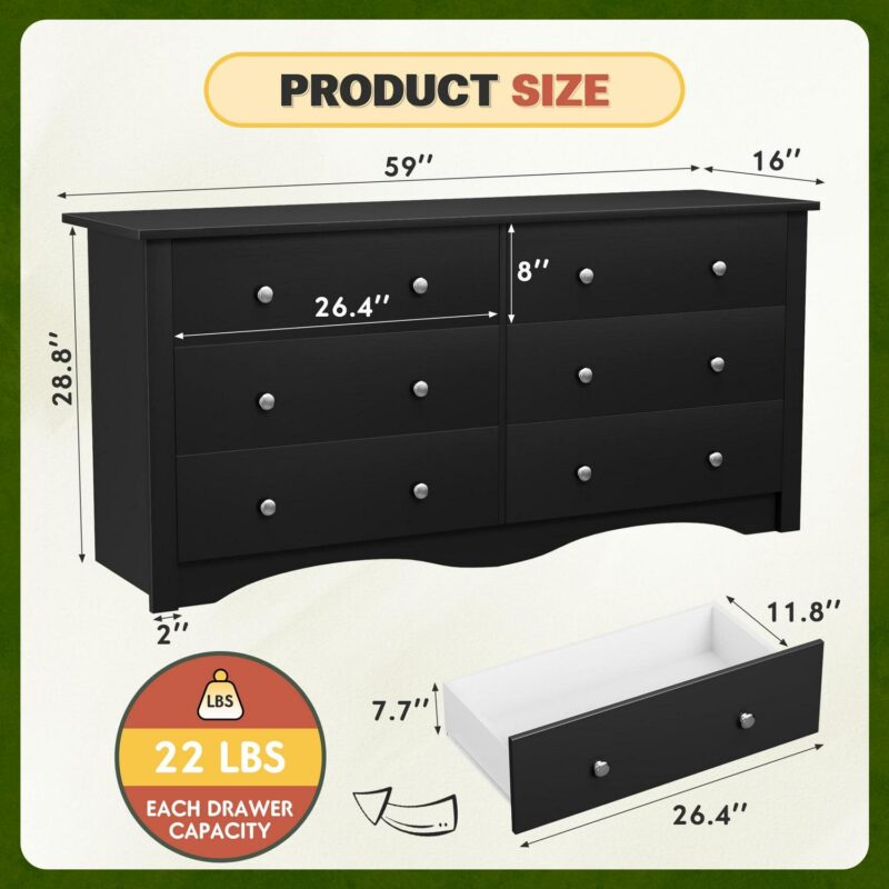 Vineego Double Dresser for Bedroom,6-Drawer Wide Chest of Drawers,Traditional Bedroom Dresser,Black - Image 7