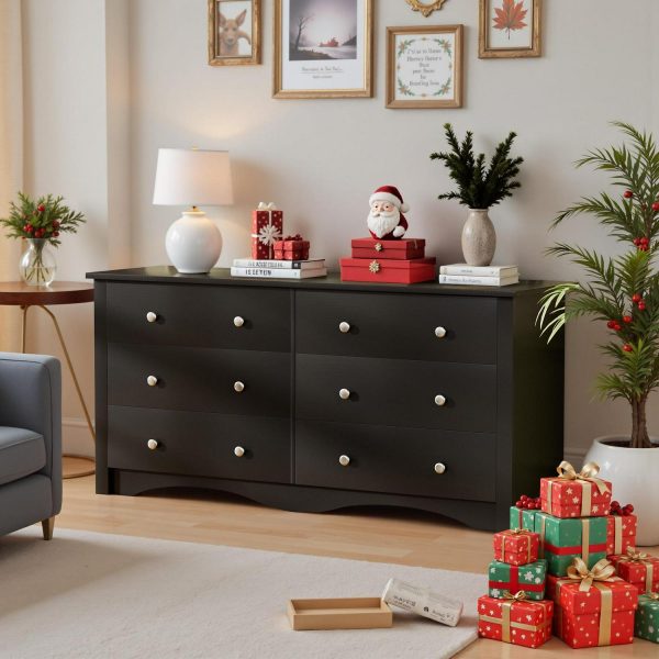 Vineego Double Dresser for Bedroom,6-Drawer Wide Chest of Drawers,Traditional Bedroom Dresser,Black